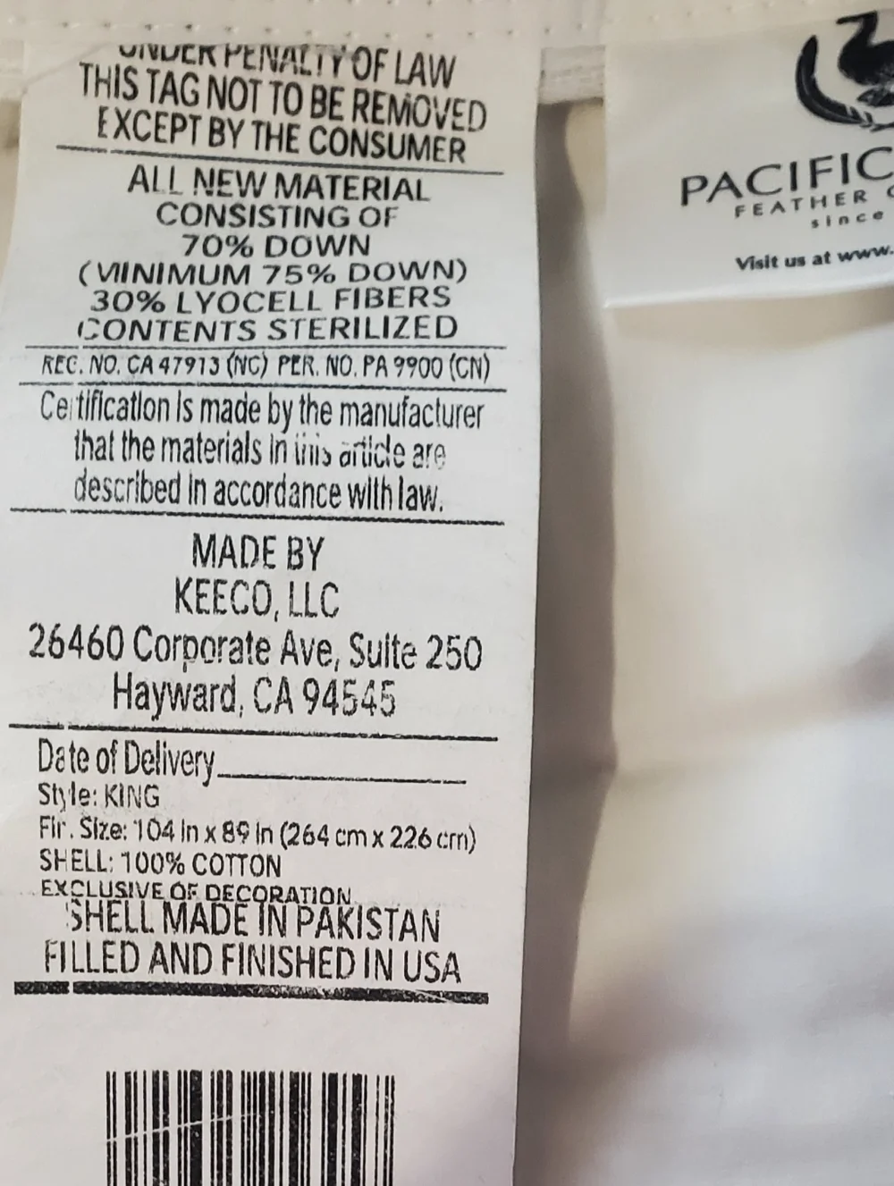 NEW Pacific Coast Feather Company King Down Comforter/Duvet Hotel-Style Bedding.